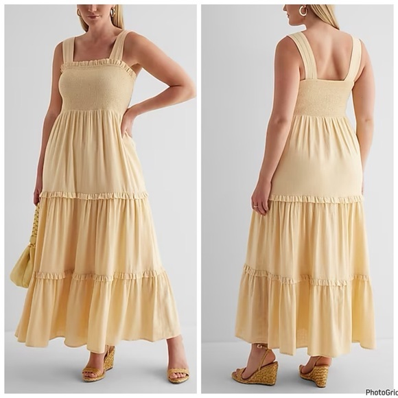Express Dresses & Skirts - Express Square Neck Smocked Tiered Linen Maxi Dress XL Mustard